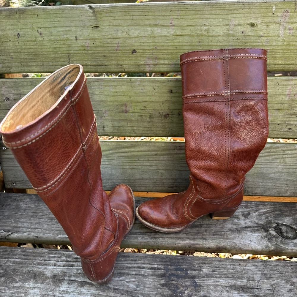 Frye Jane Stitch Riding Boots 77230 Redwood Brown Leather Knee High Tall Size 6B - Picture 5 of 9